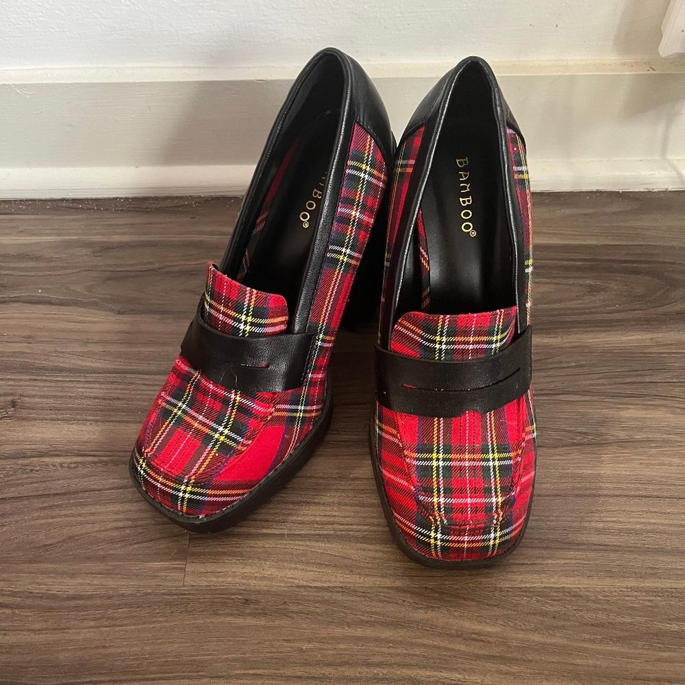 Plaid block heels
